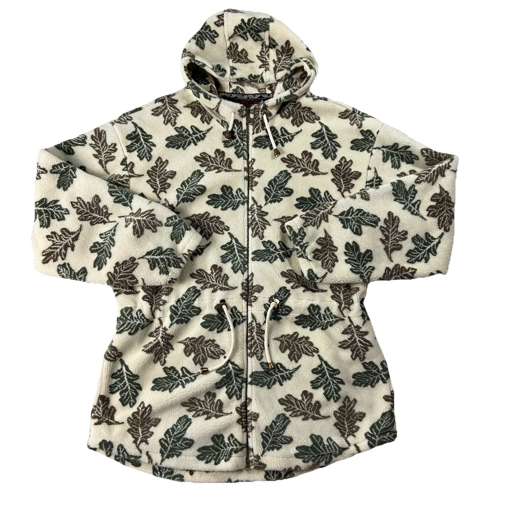 Tsunami Sport Hooded Fleece Anorak Jacket Oak Leaf Print Ivory Women's L Hike